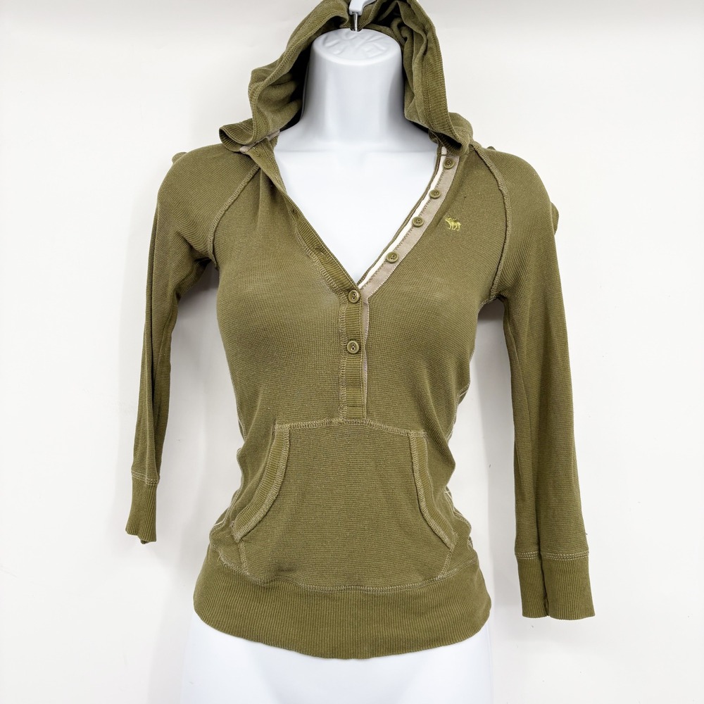 Abercrombie & Fitch Women Olive Green Y2K Bella Swan Waffle Knit Henley Hoodie S
